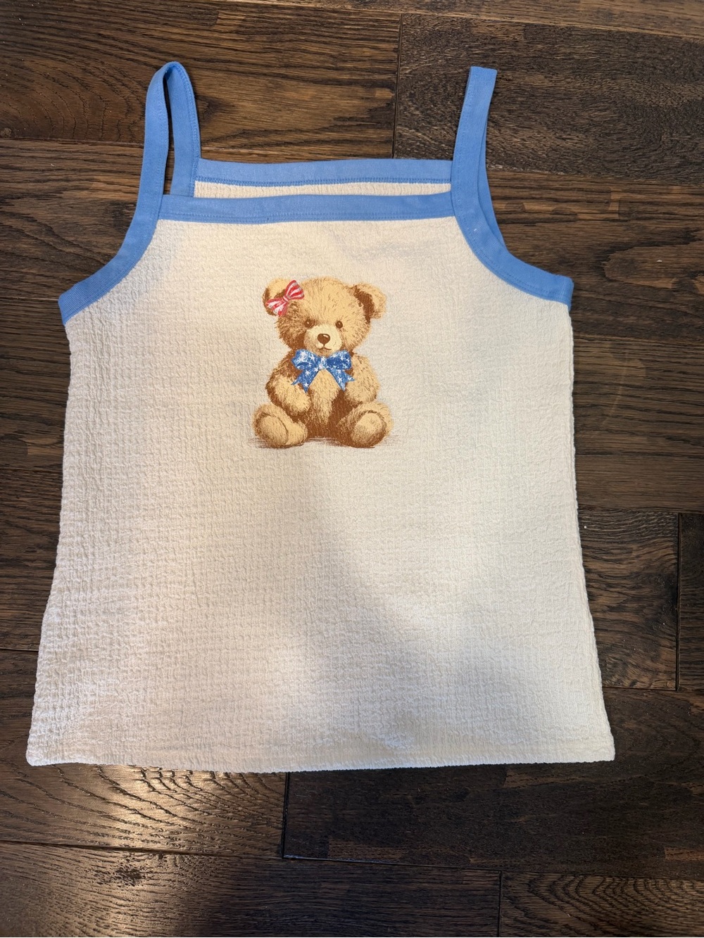 SO White Tank Top with Blue Trim and Teddy Bear Embroidery Kids XL